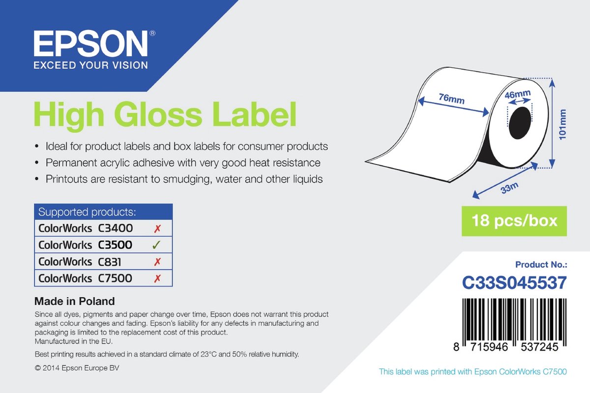 High Gloss Label - Continuous76mm x 33m