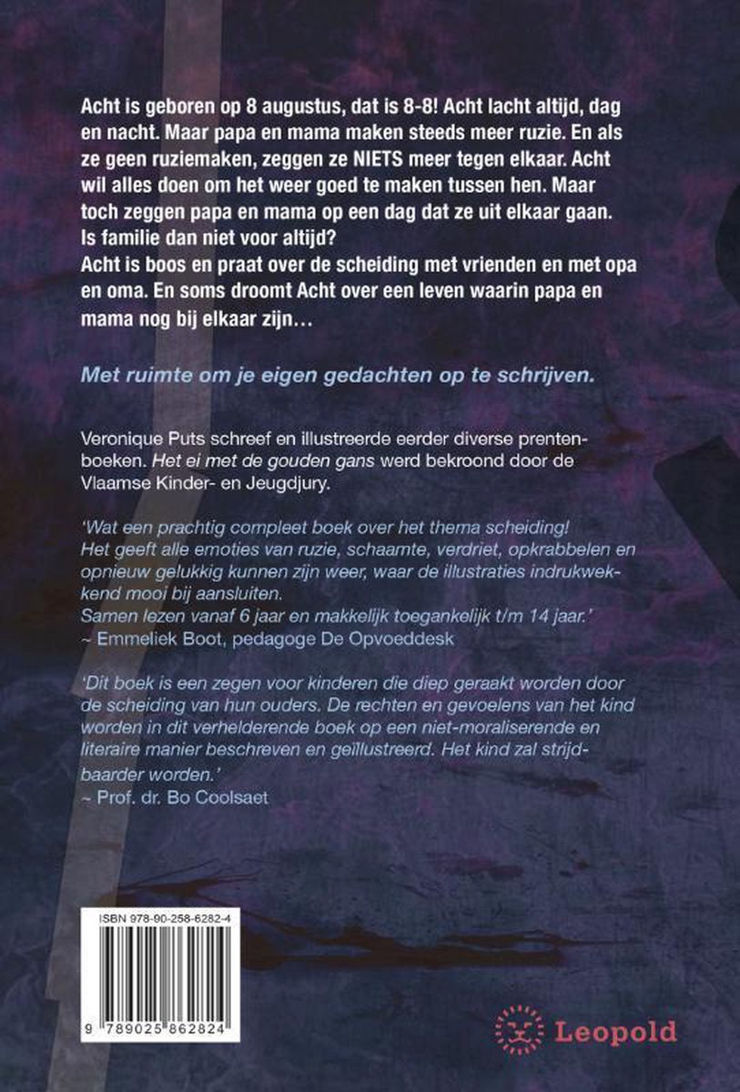 Achterkant van het boek 'Uit elkaar' met tekst over de inhoud en auteur.