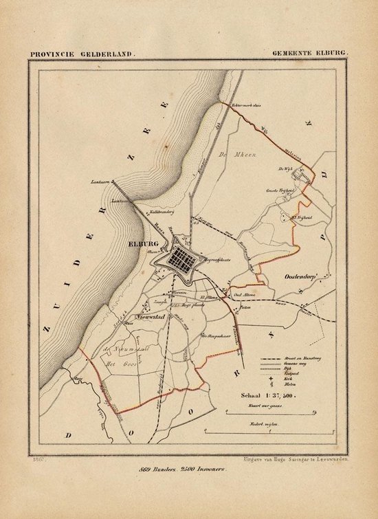 Historische kaart, plattegrond van gemeente Elburg in Gelderland uit 1867 door Kuyper van Kaartcadeau.com