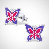 Zilveren oorstekers voor kinderen - vlinder - paars/roze