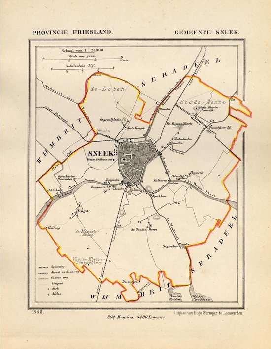 Historische kaart, plattegrond van gemeente Sneek in Friesland uit 1867 door Kuyper van Kaartcadeau.com