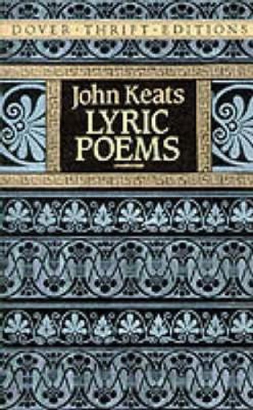 Livre aux motifs décoratifs bleus et noirs, intitulé 'John Keats LYRIC POEMS'.