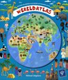 Atlas du monde avec carte du monde pleine d'animaux et de sites touristiques. Texte inclus.