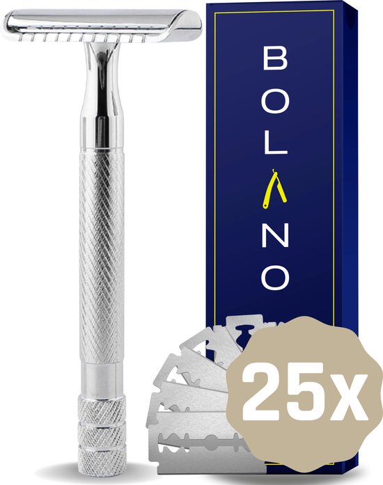 Bolano® Safety Razor Zilver + 25 RVS Scheermesjes Double Edge - Klassiek Scheermes voor Mannen en Vrouwen - Duurzaam Scheren - Zero Waste - RVS Messing