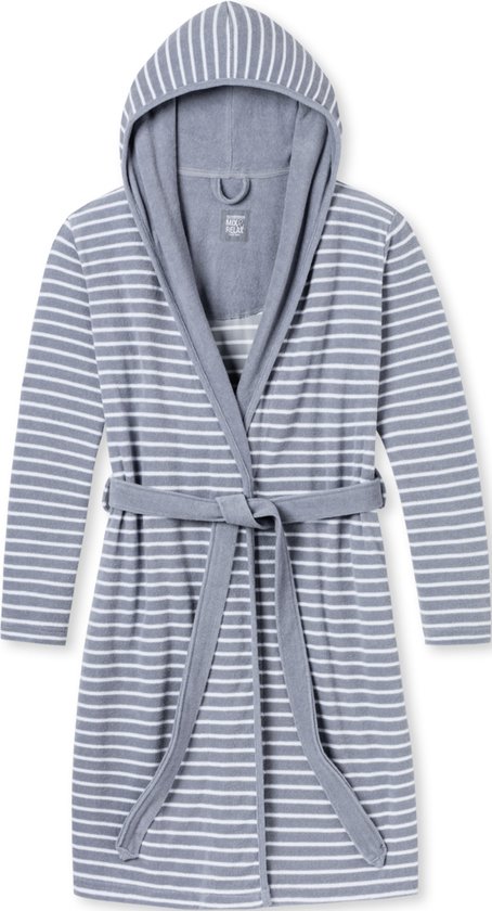 SCHIESSER selected! premium badjas - dames badjas met capuchon lichte badstof lichtgrijs gestreept - Maat: 46