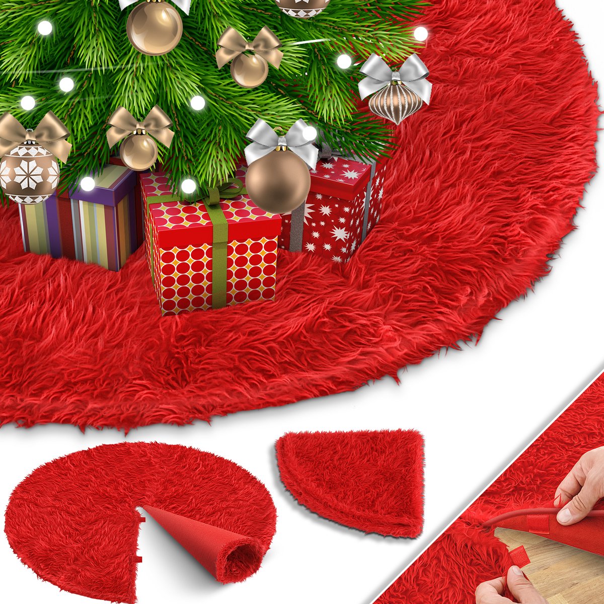 KESSER® Kerstboomrok Kerstboomkleed imitatiebont rond Kerstboom tapijt vilt pluche voor sneeuw decoratie versieringen - Rood - Ø 90 cm