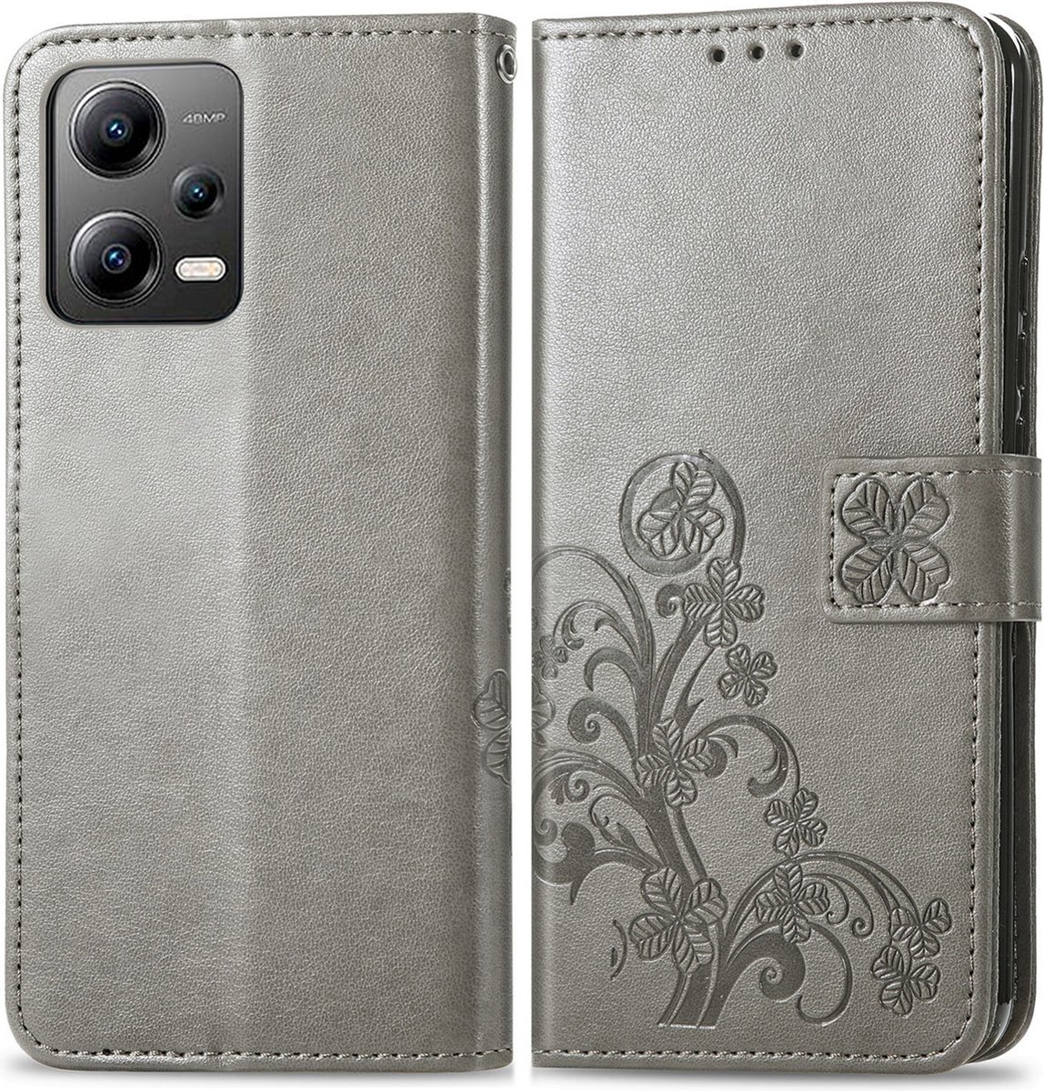 Mobigear Telefoonhoesje geschikt voor POCO X5 Hoesje | Mobigear Clover Bookcase Portemonnee | Pasjeshouder voor 3 Pasjes | Telefoonhoesje voor Pinpas / OV Kaart / Rijbewijs - Grijs