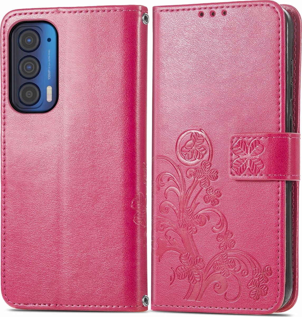 Mobigear Telefoonhoesje geschikt voor Motorola Edge (2021) Hoesje | Mobigear Clover Bookcase Portemonnee | Pasjeshouder voor 3 Pasjes | Telefoonhoesje voor Pinpas / OV Kaart / Rijbewijs - Magenta