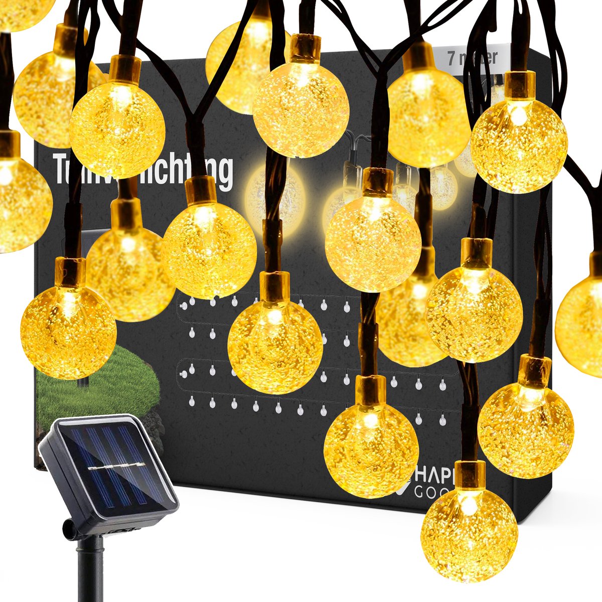 Happy Goods Solar Tuinverlichting op Zonneenergie - 50 LED Lichtsnoer Buiten - 5 m Verlicht + 2 m Snoer - Buitenverlichting Lichtslinger - Lichtsnoeren - Happy Goods®