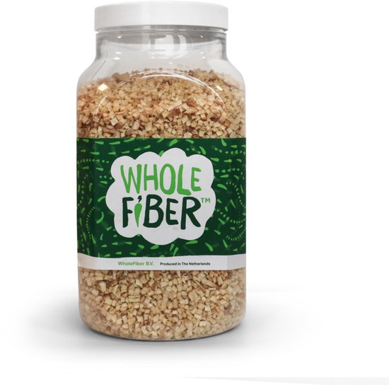 Pot Whole Fiber gedroogde cichoreiwortel, met een groen label dat op de pot is geplakt.