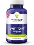 Donkerblauwe pot met 90 vega capsules. Symflora Original. Met Vitakruid logo en productinformatie.