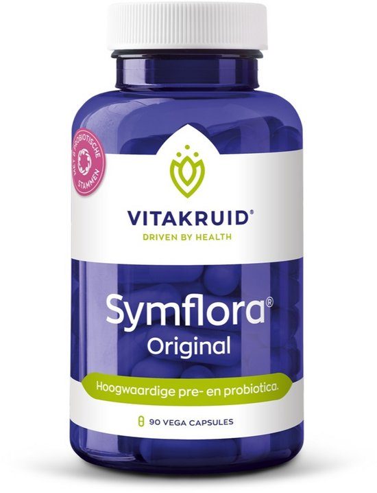 Donkerblauwe pot met 90 vega capsules. Symflora Original. Met Vitakruid logo en productinformatie.