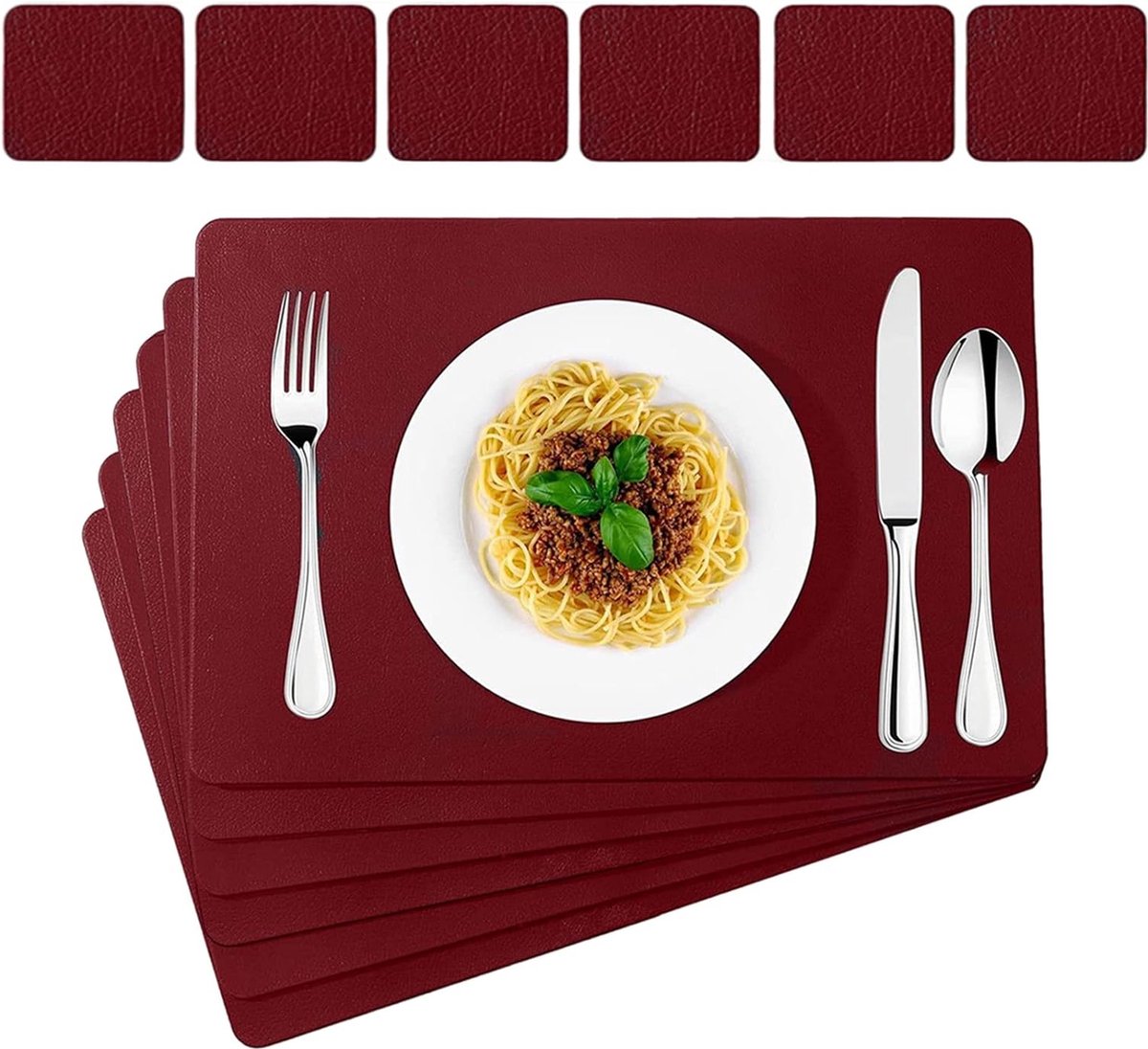 Lederen placemats en glazen onderzetters, set van 6 stuks, afwisbare