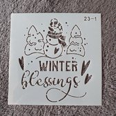 Hobby stencil, sjabloon, herbruikbaar, kaarten maken, scrapbooking, decoreren, Winter blessings met sneeuwpop