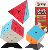 Stezy Speed Cube Set - 3x3, 2x2 en Pyraminx - Incl. 2x Cube Standaard & Handleiding - Puzzel Kubus - Breinbrekers voor Volwassenen en Kinderen
