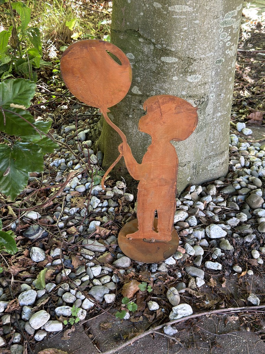 Jongen met ballon, Graf - Columbarium - Tuin - Decoratie - Cadeau - Edel roest - Herinnering AF-539T
