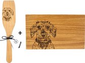 Teckel - snijplank - borrelplank - broodsnijplank - serveerbord - kooklepel - pollepel - spatel - kookspatel - hout - hond - eiken hout - ruwharig - ruwharige teckel - gravure teckel