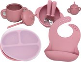 8 Delig set Donker Roze Kinder Baby Servies met Siliconen Zuignap - Anti-slip, BPA-vrij, Onbreekbaar, Magnetronbestendig, Vriezerbestendig, Vaatwasserbestendig