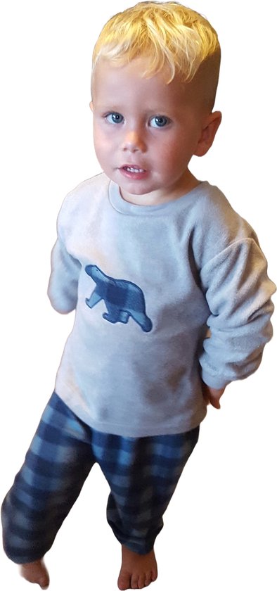 Pyjama - peuter/kleuter/kinder - zachte coral fleece - jongens - marineblauw - ruitprint - met print ijsbeer - maat 104