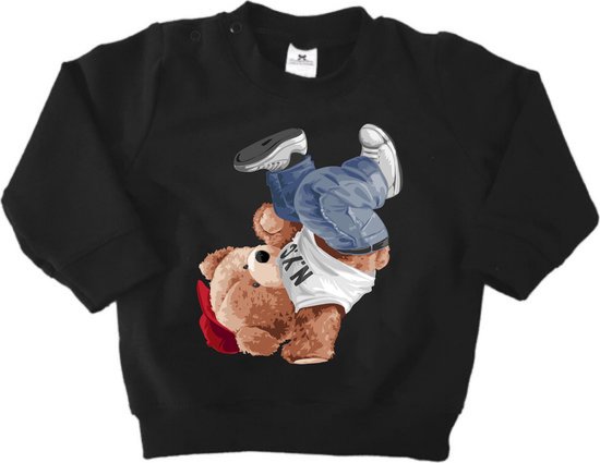 Pull ours avec bonnet rouge - Pull avec imprimé - Zwart - Pull doux et cool - Taille 134/140