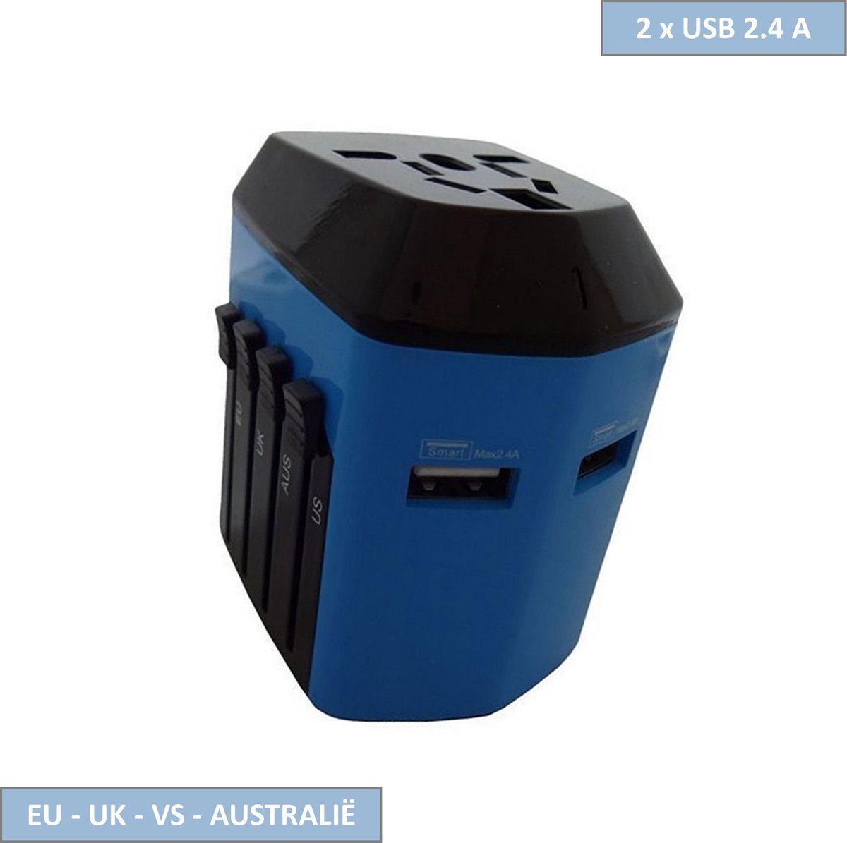 Bol.com Q-link Reisstekker - Wereldstekker - EU, VS, UK en Australië - 2 x USB lader 2.4A - Blauw aanbieding