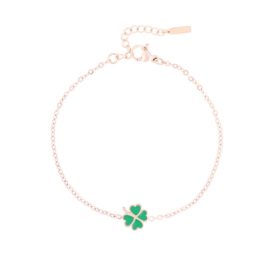OOZOO Jewellery - Rosé goudkleurig/groene armband met een klaver - SB-1038