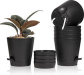 Kunststof bloempot met bewateringssysteem, set van 6 zelfbewaterende potten met onderzetter, ronde plantenpot voor binnen en balkon, tuin, planten, vetplanten, cactus, zwart