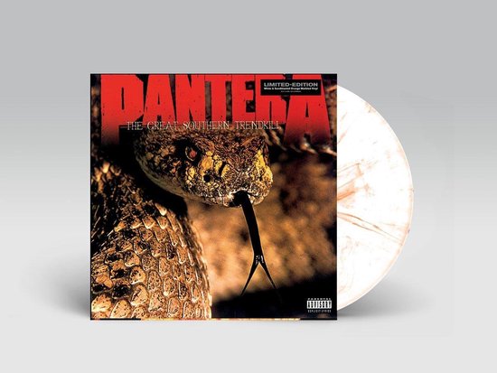 Pantera - The Great Southern Trendkill albumhoes met ratelslang en wit & oranje gemarmerd vinyl, gepresenteerd op een grijze achtergrond.