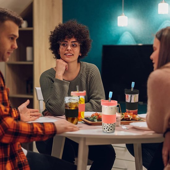 2 stuks zwarte Bubble Tea bekers met deksel en rode roos, 730 ml, drinkglas met roos, kant-en-klare Mason Jars voor milkshakes, drankjes, smoothies, bier van Theeseek — afbeelding 2