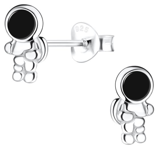 Joy|S - Zilveren astronaut oorbellen - robot - zilver met zwart - 5 x 9 mm - kinderoorbellen
