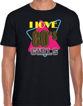 Bellatio Decorations disco verkleed t-shirt heren - jaren 80 feest outfit - I love 80s girls - zwart XL