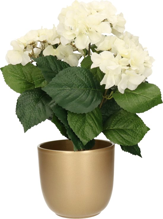 Hortensia kunstplant met bloemen wit - in pot goud - 40 cm hoog