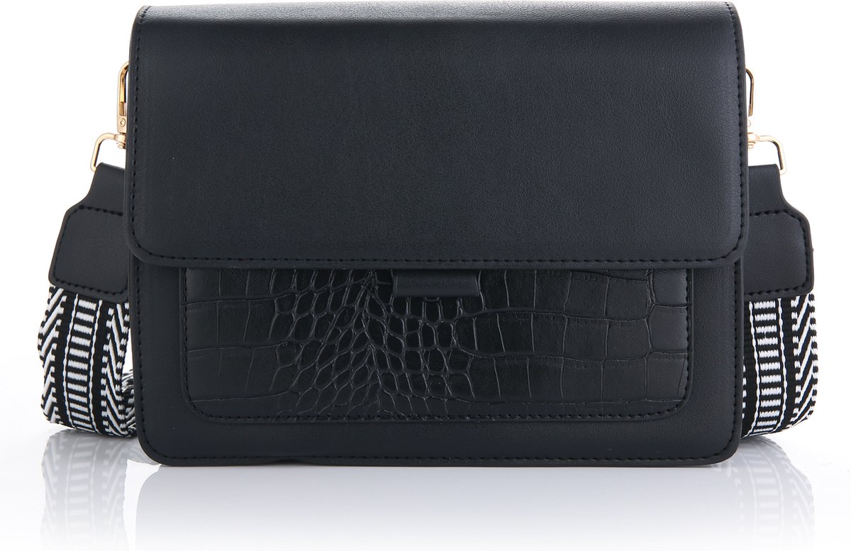 Musthave tas - ruime handtas - schoudertas - crossbody tas - dames - cadeautip - zwart - crocoprint - geweven schouderriem