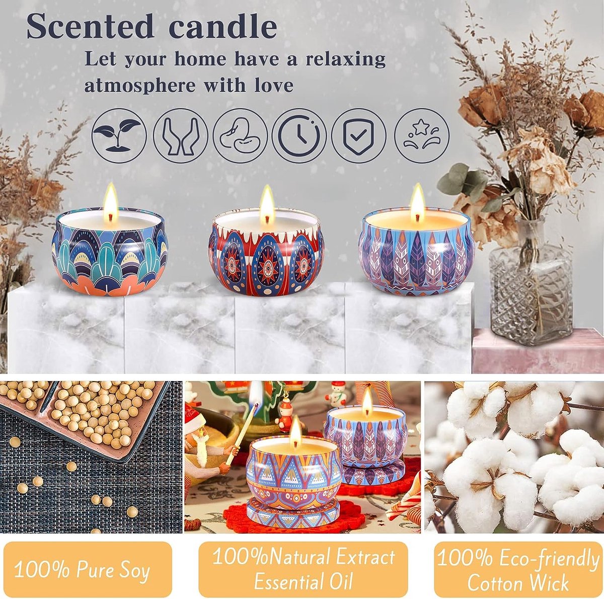 thumbnail: Geurkaarsen Set 4 Stuks - Sojawas Kaarsen In Glas Voor Ontspanning, Cadeau Voor Vrouwen, Kerst & Spa Avond