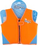 Oranje zwemvest met blauwe accenten, op karton. 'Waimea Swimming Vest'.