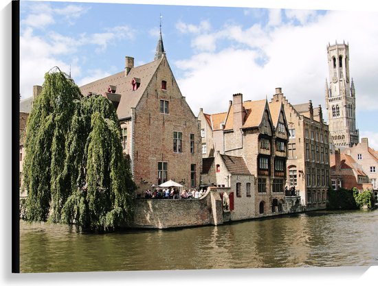 Canvas - Stenen Huisjes aan het Water in Brugge, België - 100x75 cm Foto op Canvas Schilderij (Wanddecoratie op Canvas)