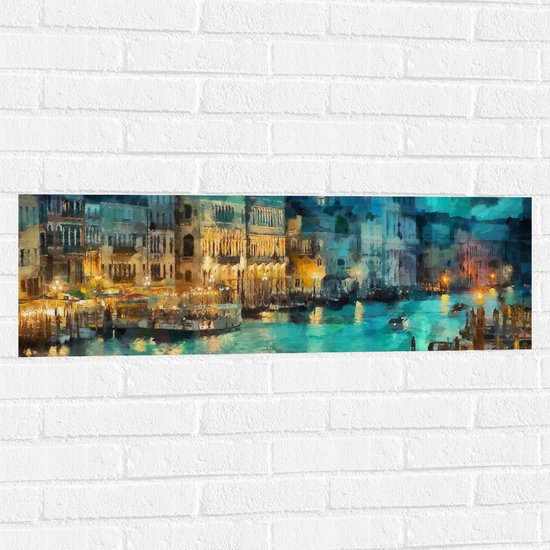 Muursticker - Schilderij van Gondel over de Wateren van Venetië - 90x30 cm Foto op Muursticker