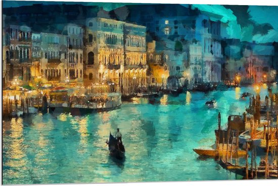 Dibond - Schilderij van Gondel over de Wateren van Venetië - 90x60 cm Foto op Aluminium (Wanddecoratie van metaal)