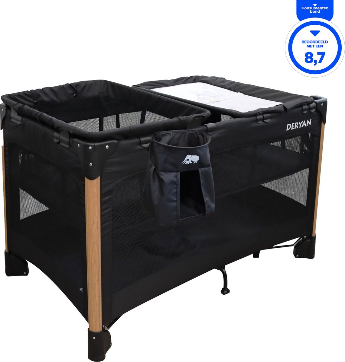 Deryan Luxe Campingbed Compleet - 120x70cm - Bodemverhoger - Verschoonblad - Opbergmand - Zwart