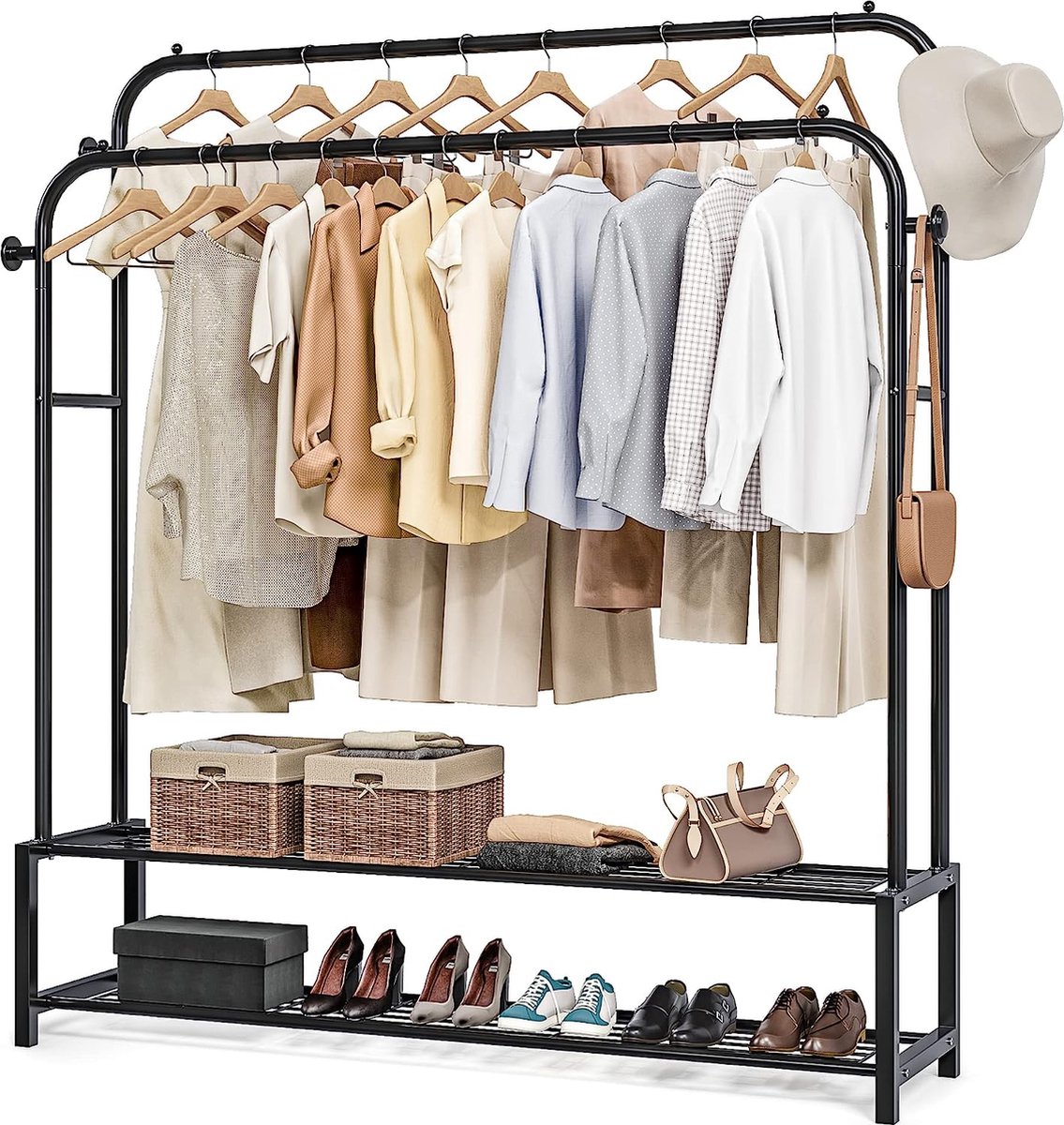 UOMIO Clothes Rack Stable Free Standing Metal Frame Clothes Rail Coat Hanger with Drawer, Narrow Coat Rack for Bedroom, 180 x 40 x 30 cm, Vintage