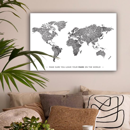 Wereldkaart en toile - Citation - Empreinte digitale - 180x120 cm - Décoration murale