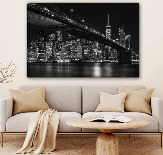 Photo noir et blanc du pont de Brooklyn à New York la nuit Toile 120x80 cm - Tirage photo sur toile (Décoration murale salon / chambre)