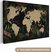 Canvas Wereldkaart - 60x40 - Wanddecoratie Wereldkaart - Bladeren - Tropische Planten
