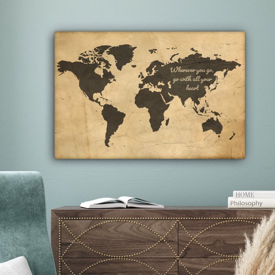 Peintures Toile Wereldkaart - Vintage - Citation - 150x100 cm - Décoration murale