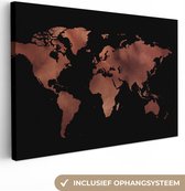Canvas Wereldkaart - 90x60 - Wanddecoratie Wereldkaart - Zwart - Rood
