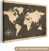 Canvas Wereldkaart - 140x90 - Wanddecoratie Wereldkaart - Kompasroos - Vintage