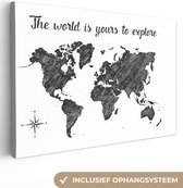 Carte du monde noire avec des rayures et la citation Le monde est à vous à explorer 120x80 cm