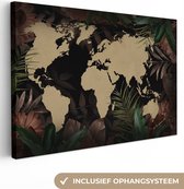 Canvas Wereldkaart - 90x60 - Wanddecoratie Wereldkaart - Zwart - Tropische Planten