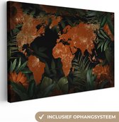 Canvas Wereldkaart - 90x60 - Wanddecoratie Wereldkaart - Goud - Planten