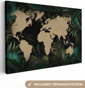 Carte du monde couleur sable sur fond noir avec feuilles tropicales et fleurs bleues 60x40 cm